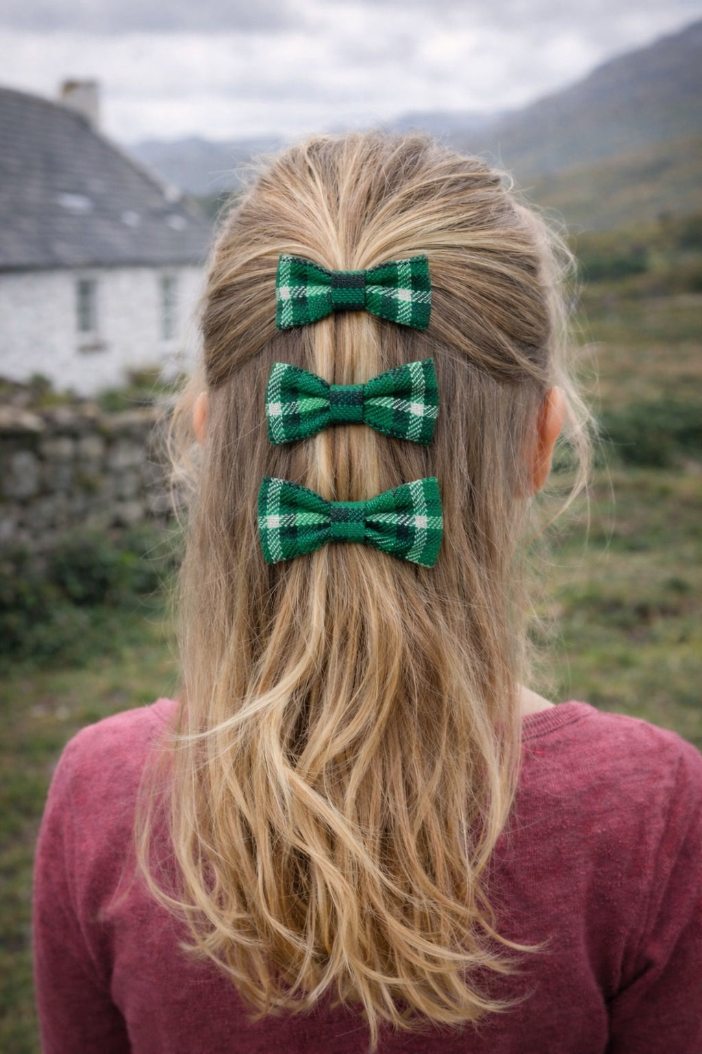 Green Tartan Bow Hairclips x 4
