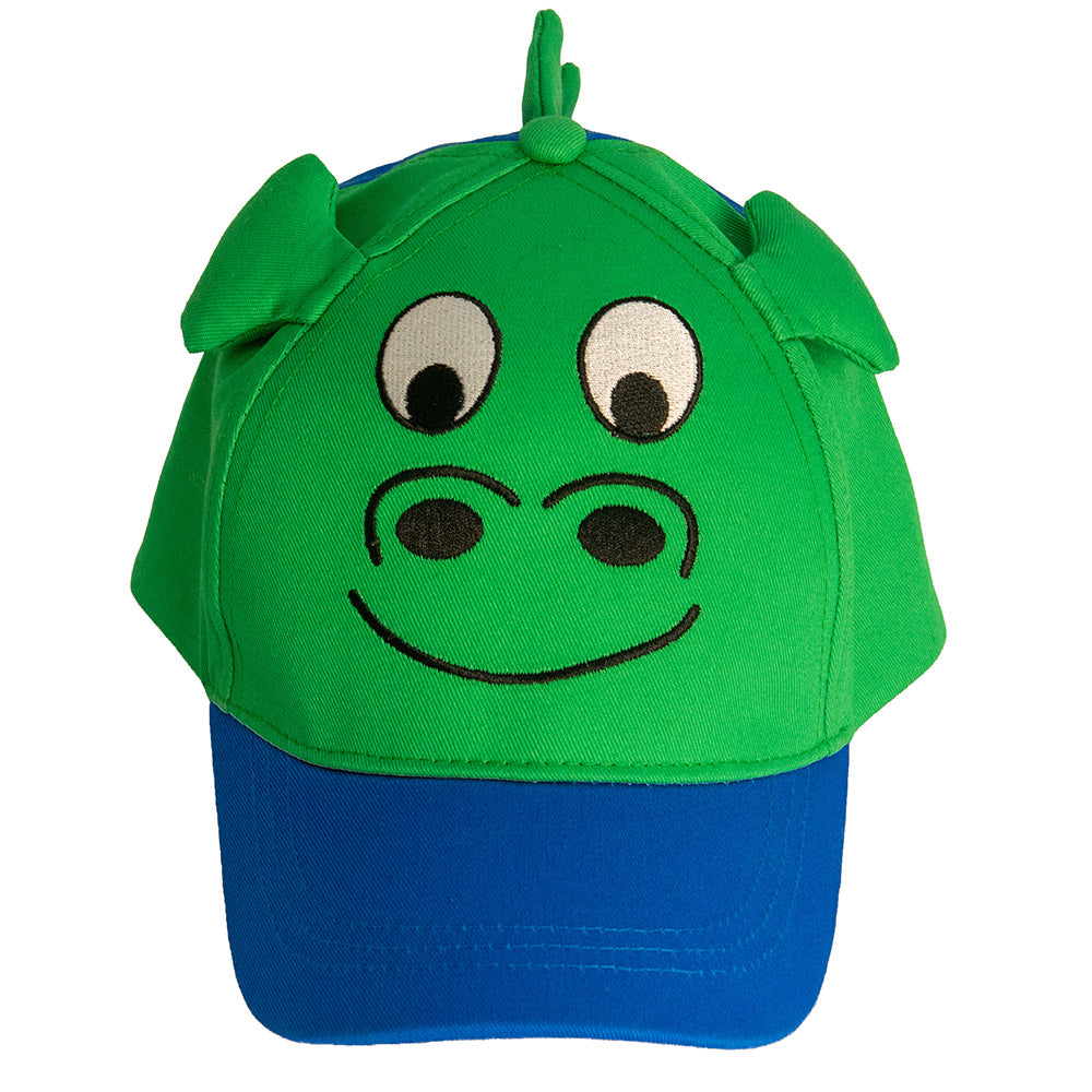Green and blue cap with nessie design on a white background.