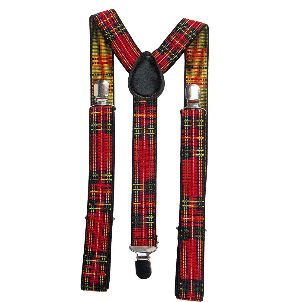 Tartan suspenders with black clips on a white background.