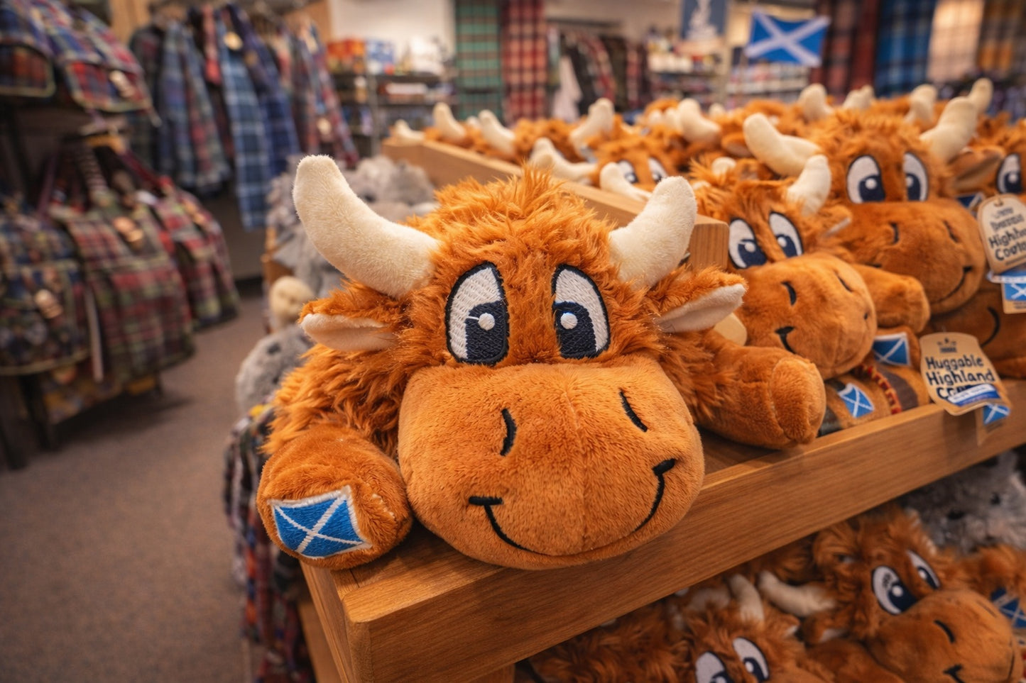 Plush Highland cow soft toy on a wooden shelf in a store setting with plaid clothing in the background and various Scottish souvenirs.