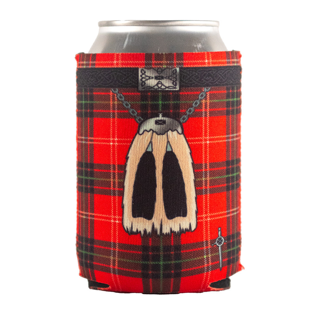 Red tartan design can cooler, holding a can, on a white background