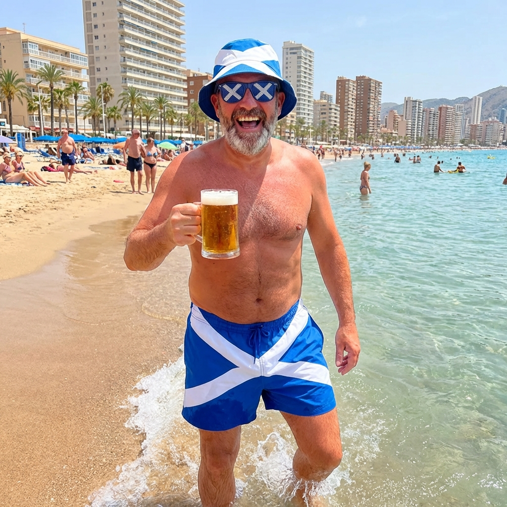 Man on a beach wearing a bucket hat, sunglasses and swim shorts that have a Scotland flag design on