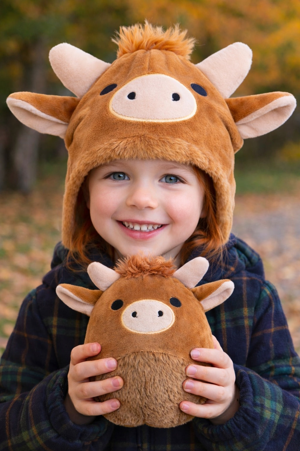 Child wearing a brown highland cow hat and holding a matching cow plush toy outdoors.