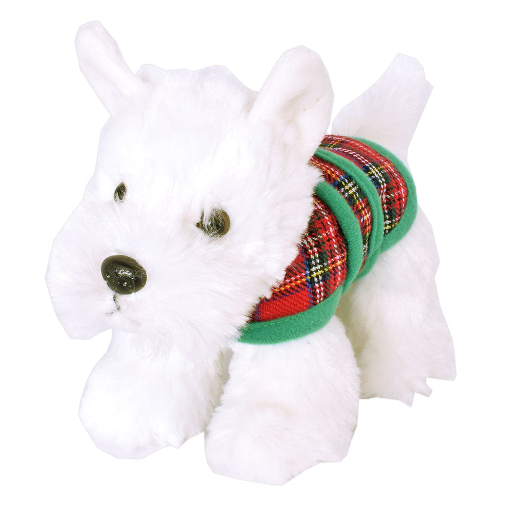 Westie dog soft toy wearing a tartan sweater on a white background.