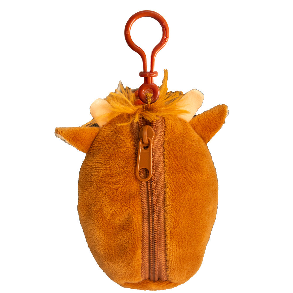 Orange plush pouch with a zipper and clip on a white background
