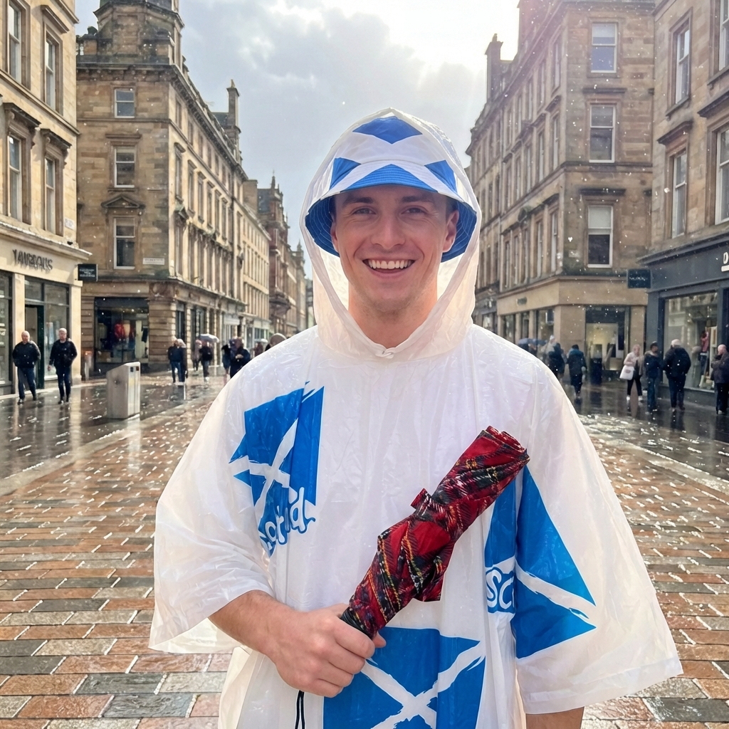 Man wearing scottish bucket hat, poncho and holding a tartan umbrella