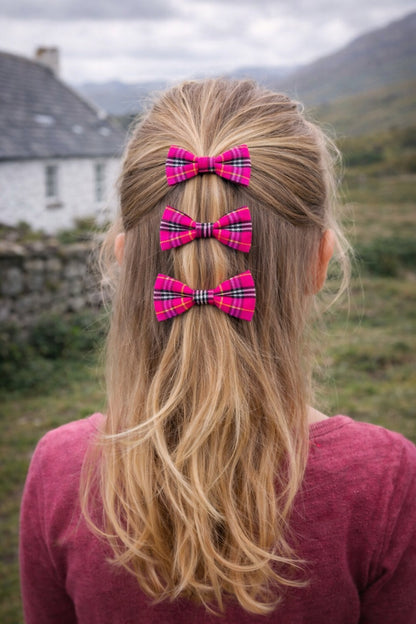 Pink Tartan Bow Hairclips x 4