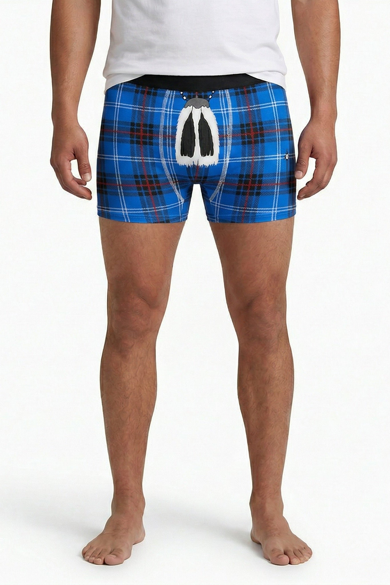 Man wearing blue tartan boxers with traditional sporran on a white background.