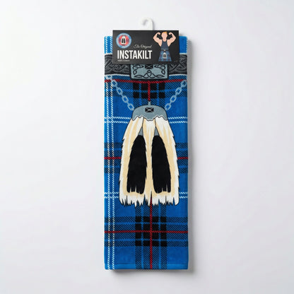 Blue kilt beach towel with traditional sporran.
