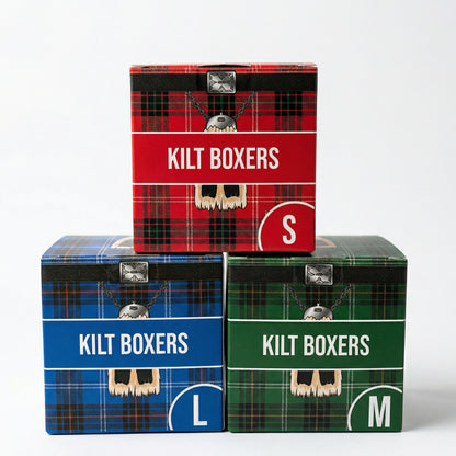 Three boxes labeled 'Kilt Boxers' in red, blue, and green tartan patterns on a white background.