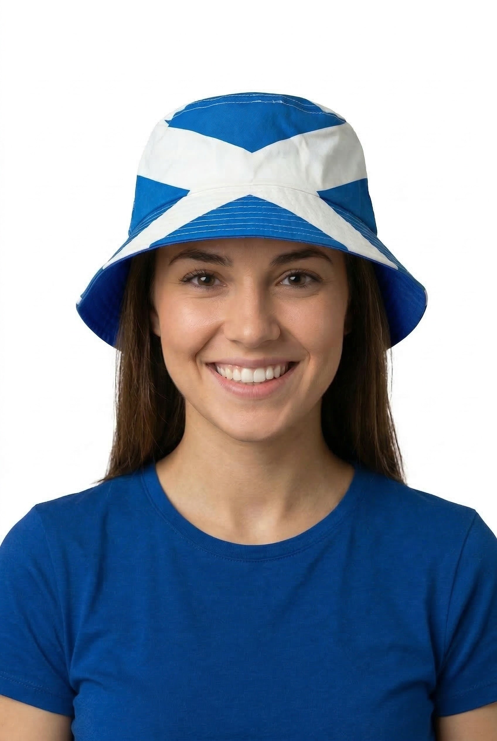 woman wearing bucket hat with scottish flag esign