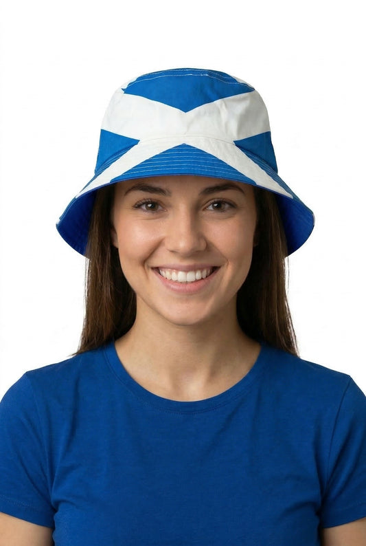 woman wearing bucket hat with scottish flag esign