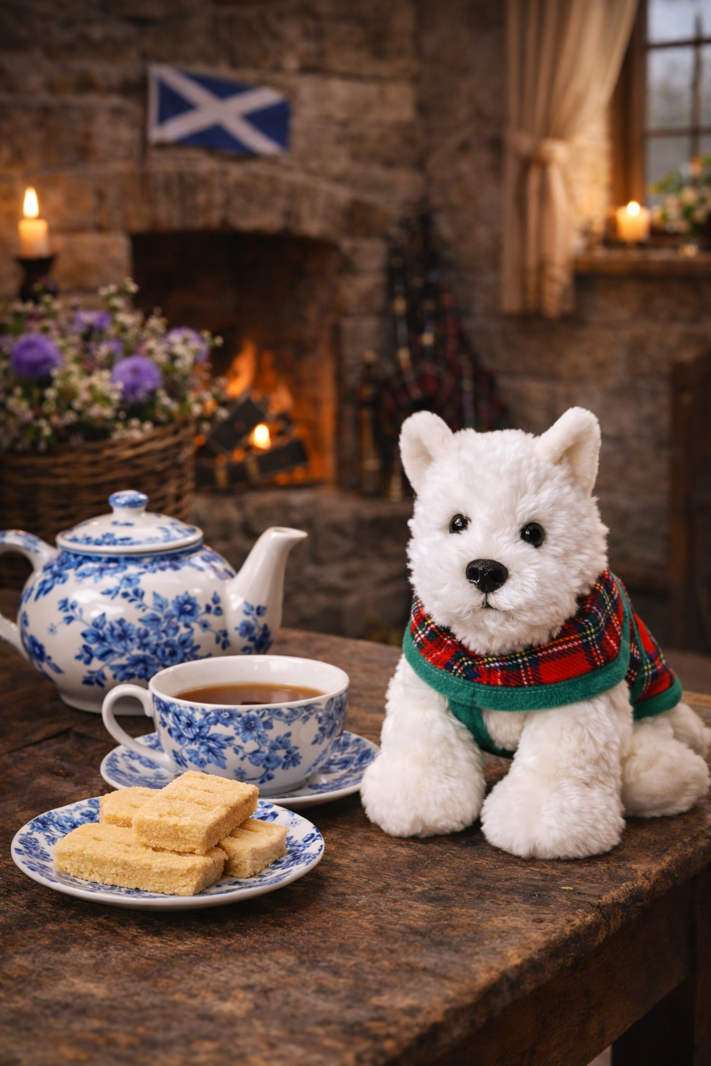 Westie dog soft toy in a tartan sweater with tea set and cookies, sat on a table.