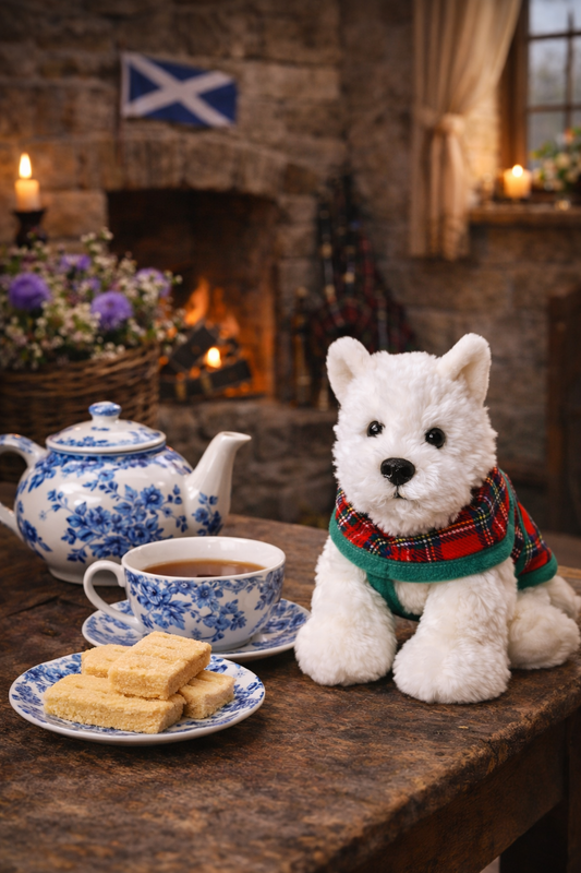 Westie dog soft toy in a tartan sweater with tea set and cookies, sat on a table.
