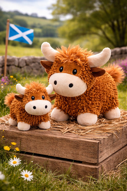 Two plush Highland cow soft toys on a wooden platform with a Scottish flag in the background.