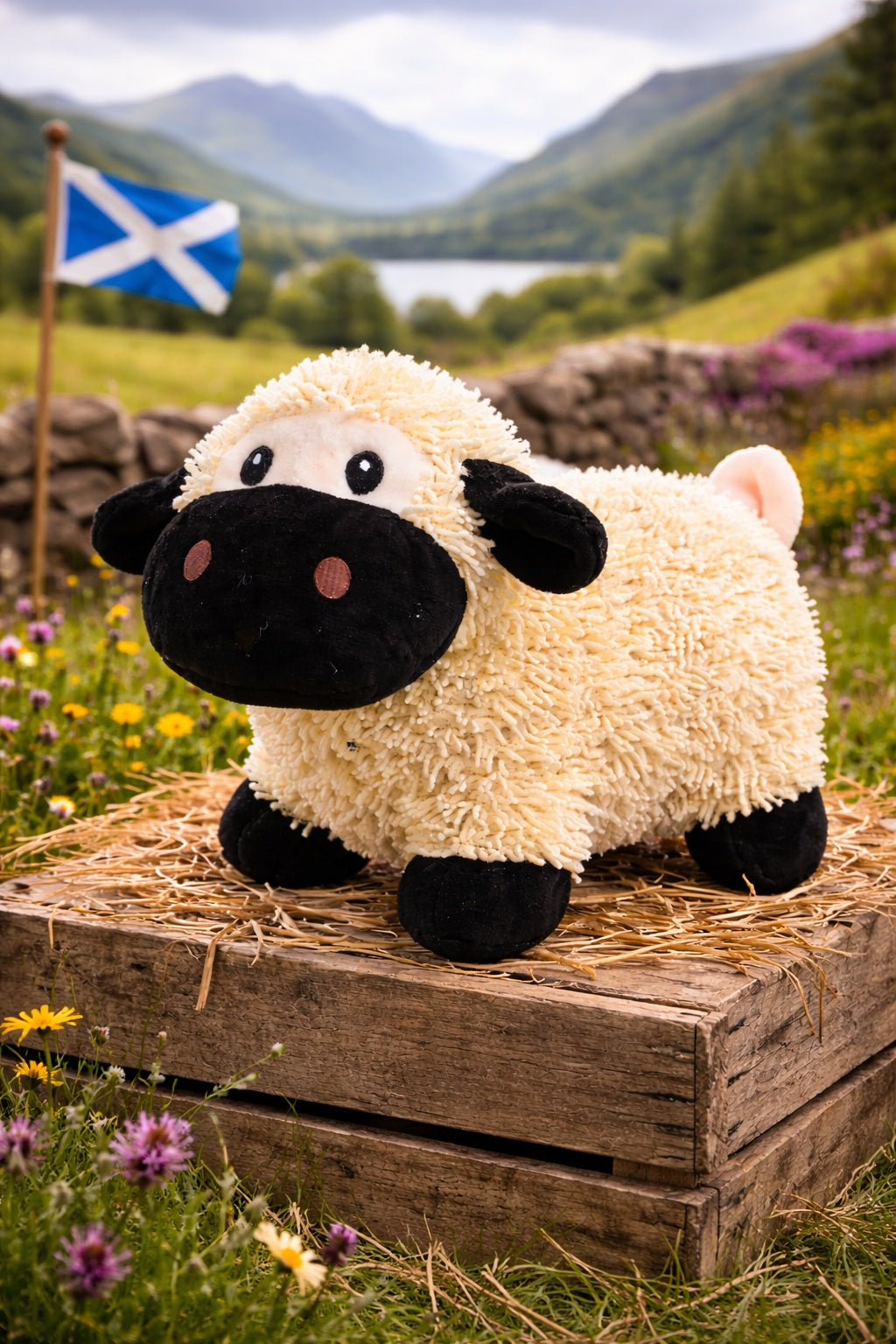 Plush sheep soft toy on a wooden crate with a scenic background featuring mountains and a Scottish flag.