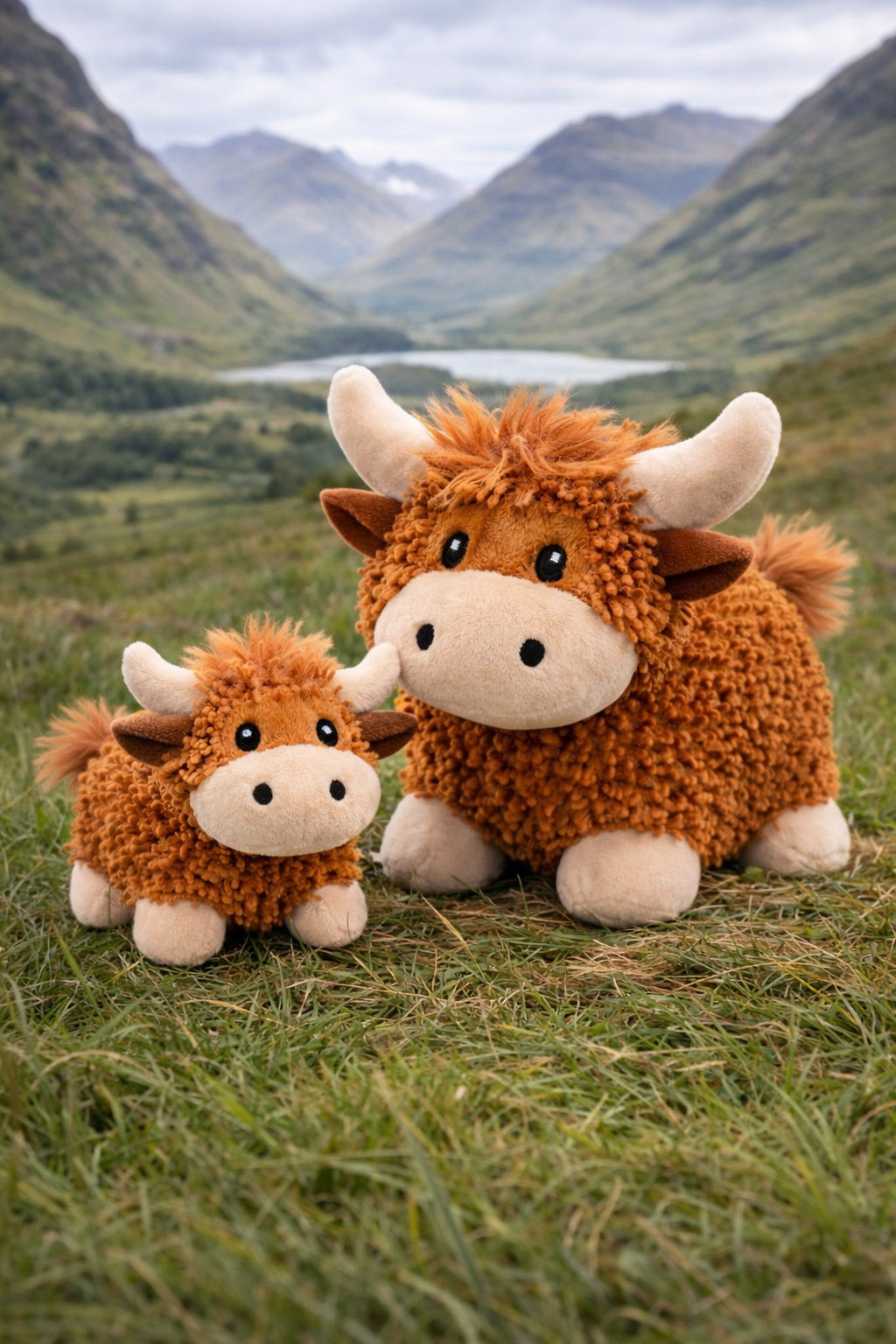 Two plush Highland cow soft toys in a natural setting with mountains and a lake.