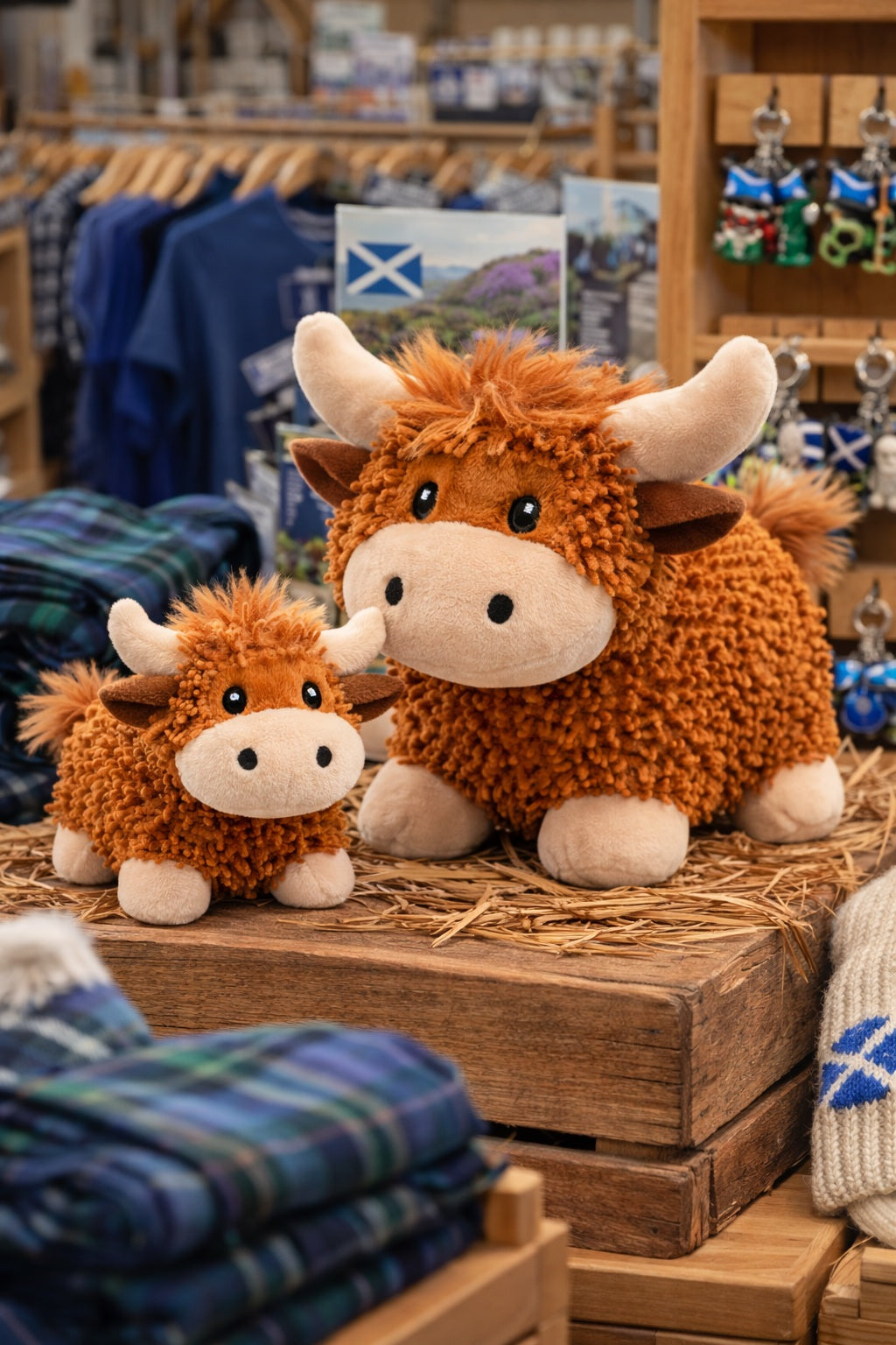 Plush Highland cow soft toy on a wooden crate with Scottish-themed products in the background.