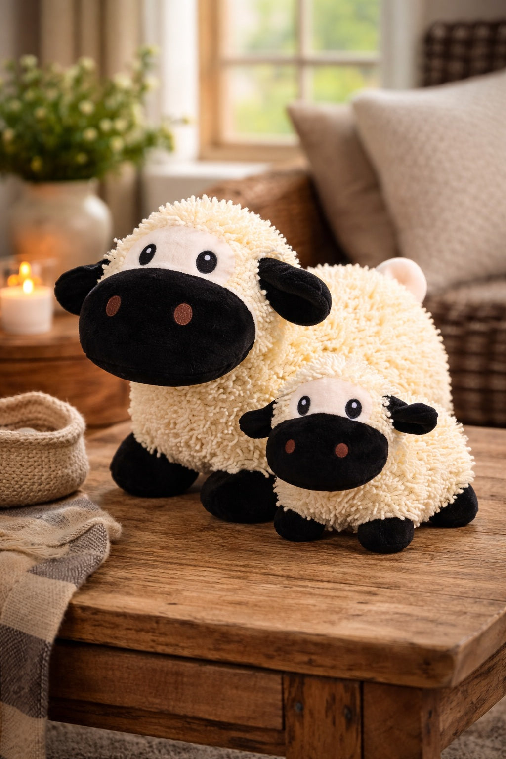 Two fluffy sheep plush toys on a wooden surface with a cozy indoor background.