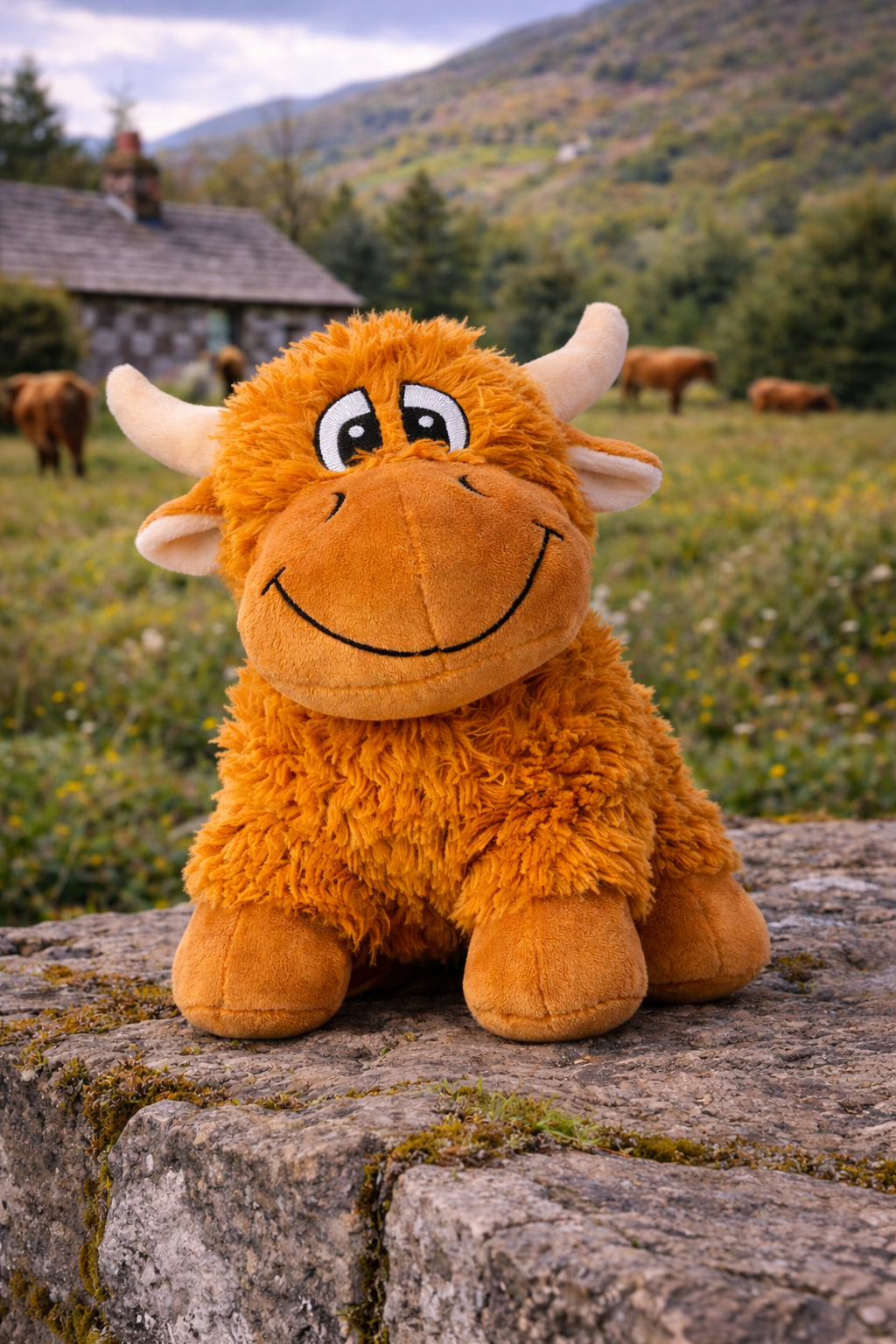 Plush toy cow sitting on a stone wall with a scenic background of mountains and trees.