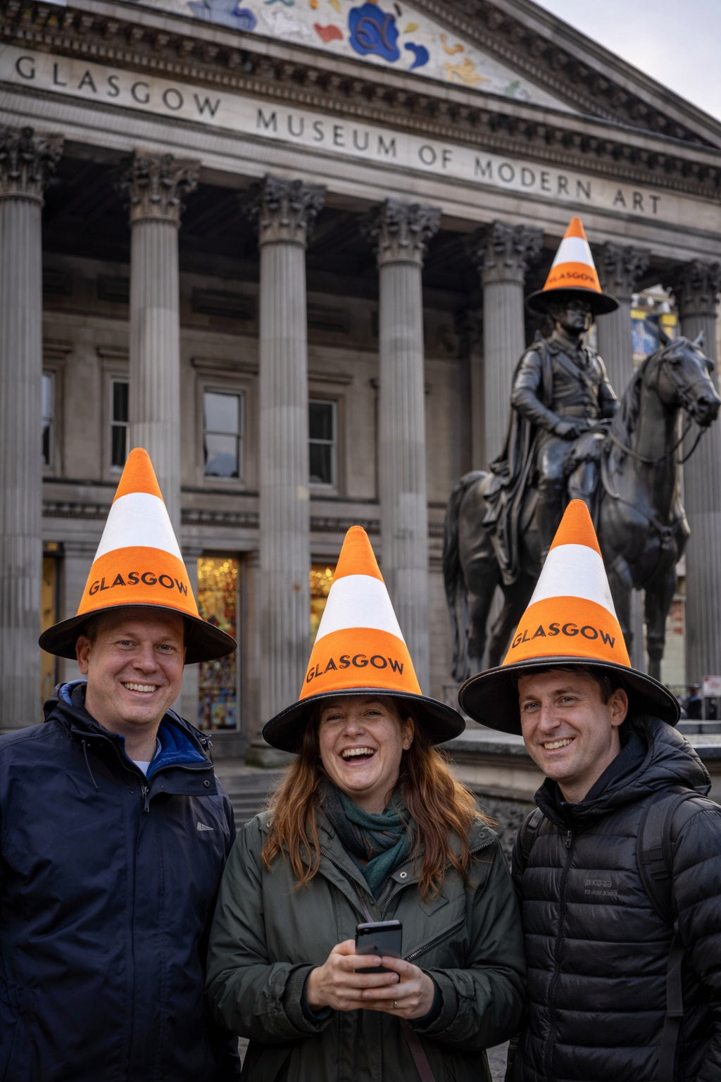 Three people wearing novelty Glasgow cone hats with 'Glasgow' on them in front of the Duke of Wellington Statue at Glasgow's Museum of Modern Art.