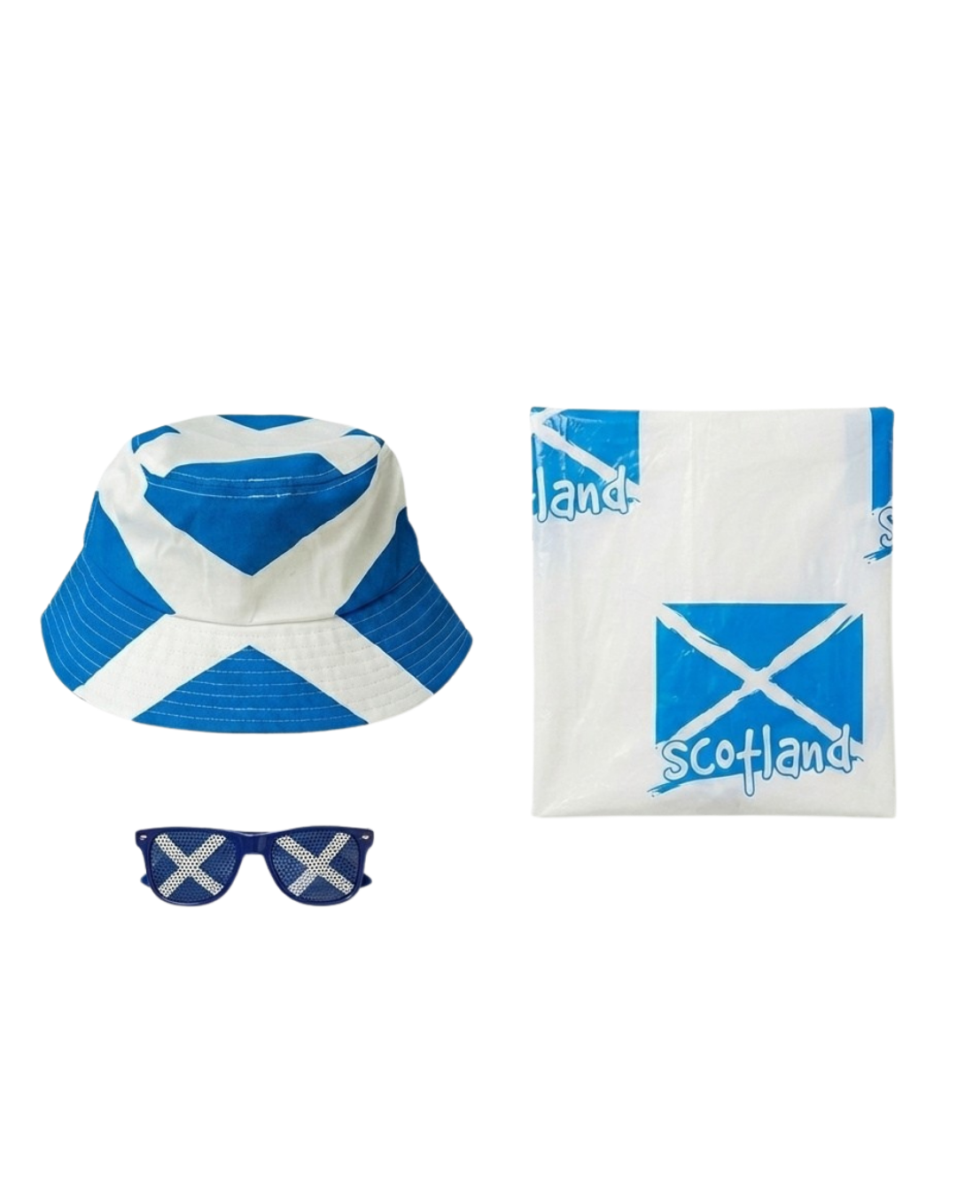 Set of Scottish-themed accessories including a hat, sunglasses, and a poncho on a white background.