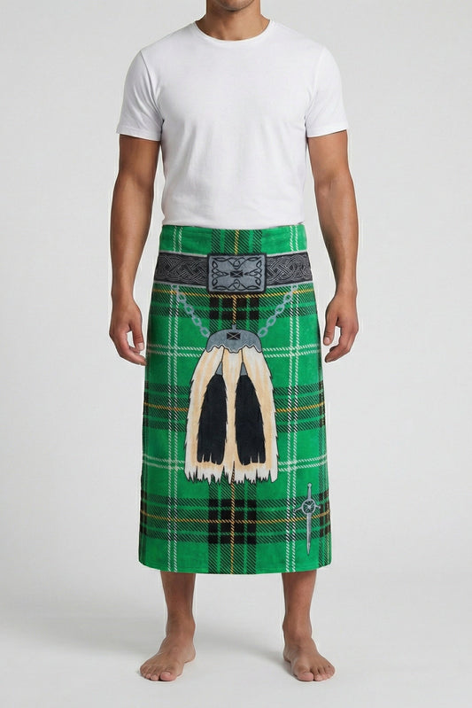 Person wearing a green kilt beach towel with traditional sporran, on a white background.