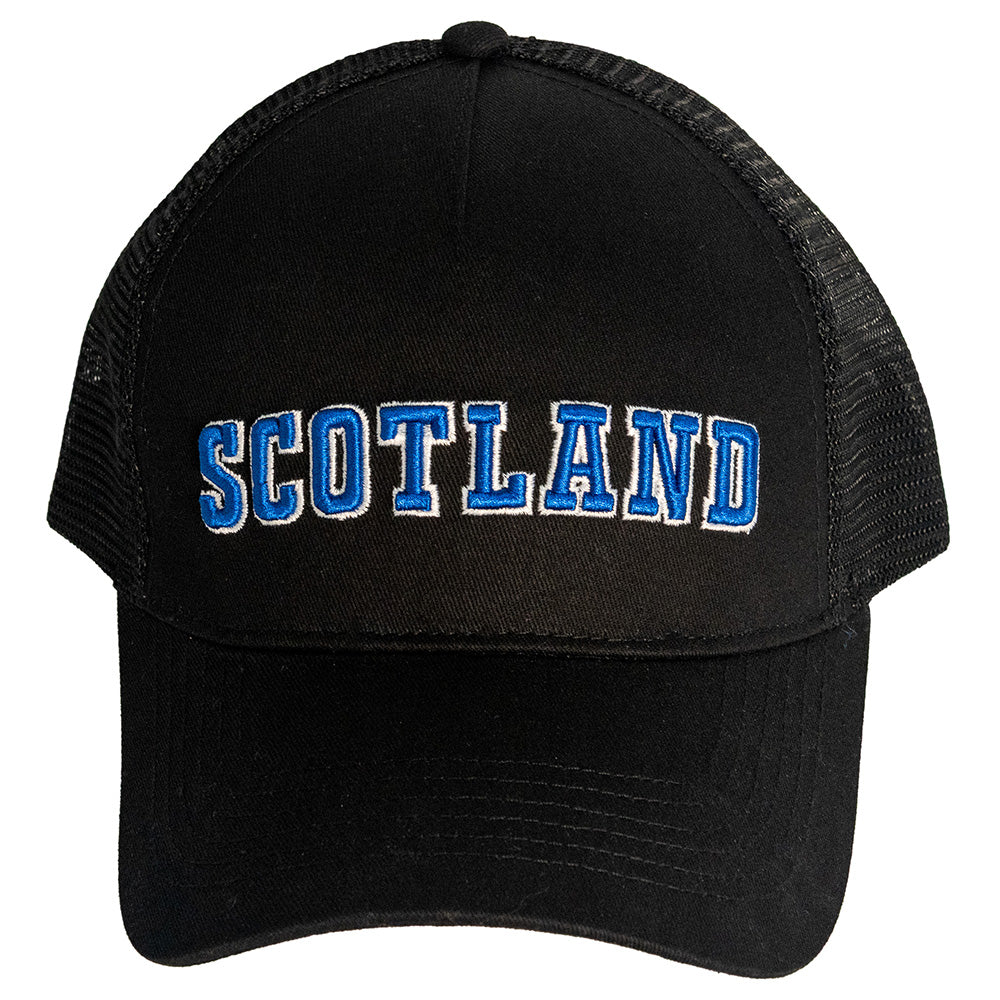 Black cap with 'SCOTLAND' stitched in blue, on a white background.