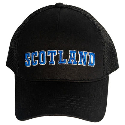 Black cap with 'SCOTLAND' stitched in blue, on a white background.