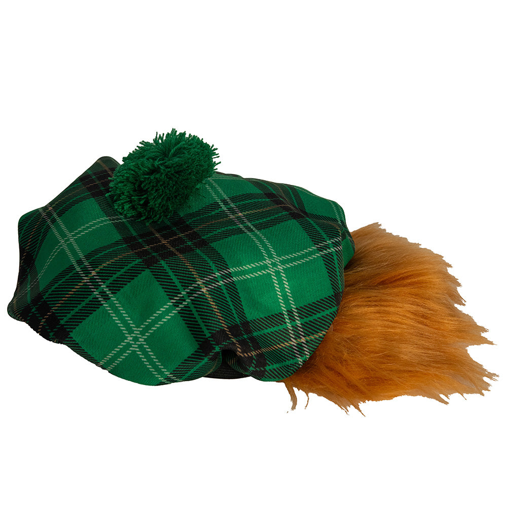 Green tartan hat with a green pom-pom and ginger hair on a white background.