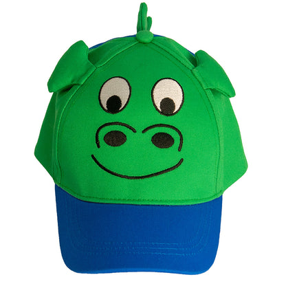 Green and blue cap with nessie design on a white background.