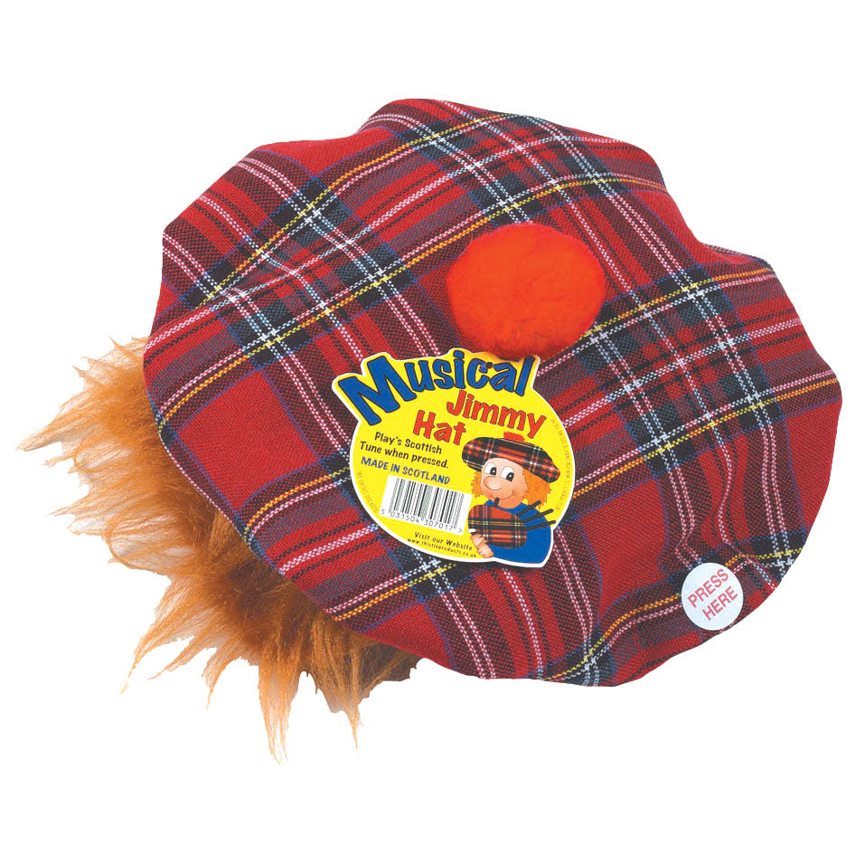 Red tartan hat with a red pom-pom and 'Musical Jimmy Hat' label on a white background.