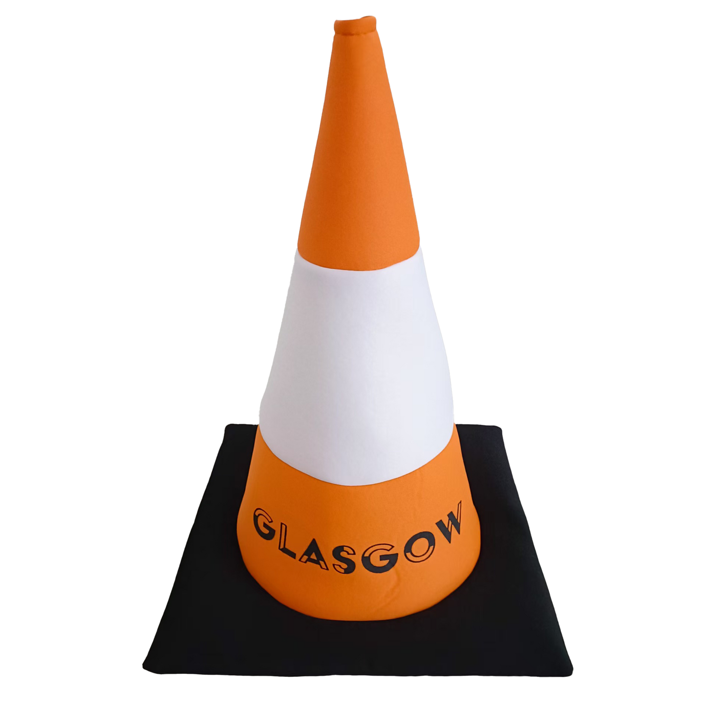 Orange and white traffic cone hat with 'Glasgow' text on a black base against a white background.