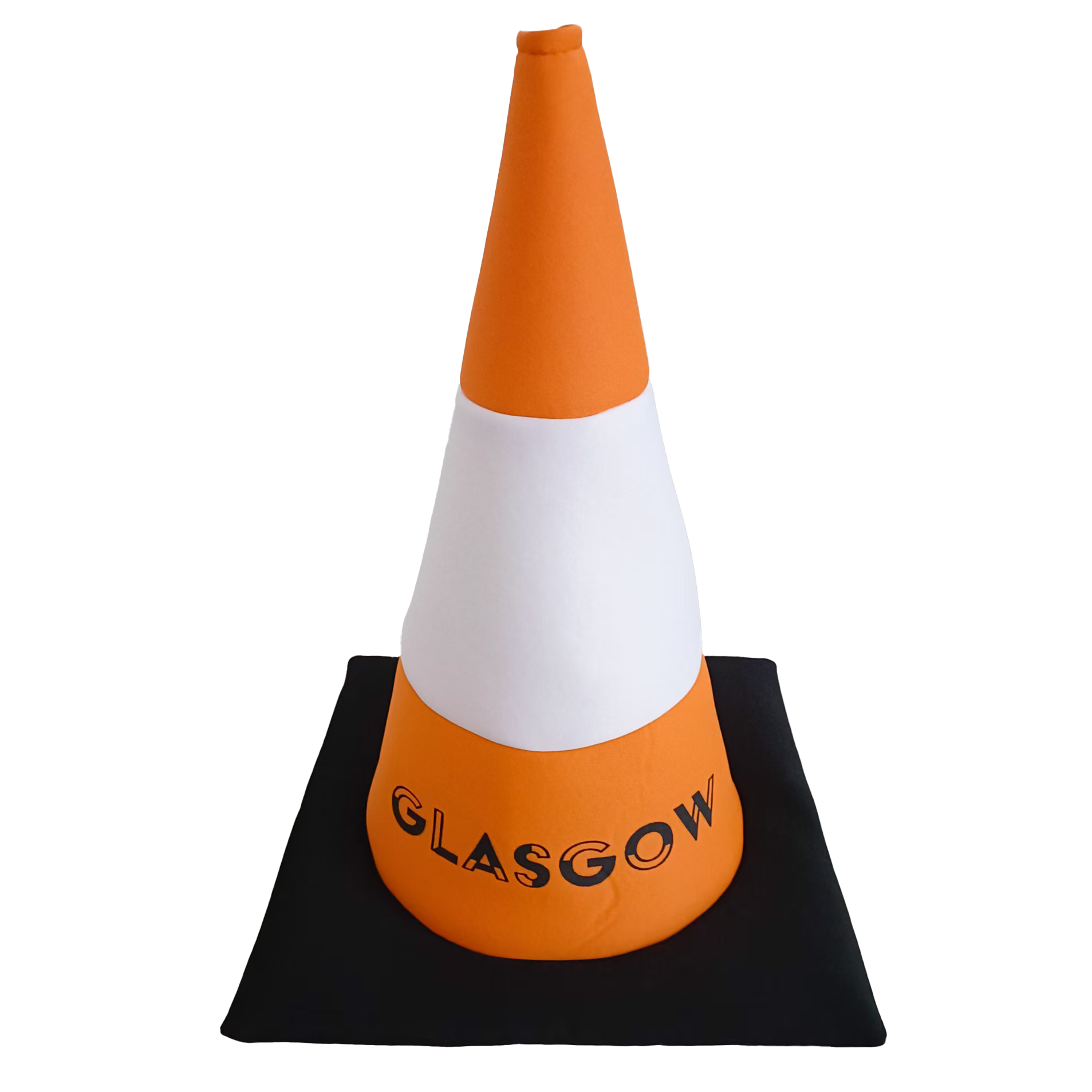 Orange and white traffic cone hat with 'Glasgow' text on a black base against a white background.