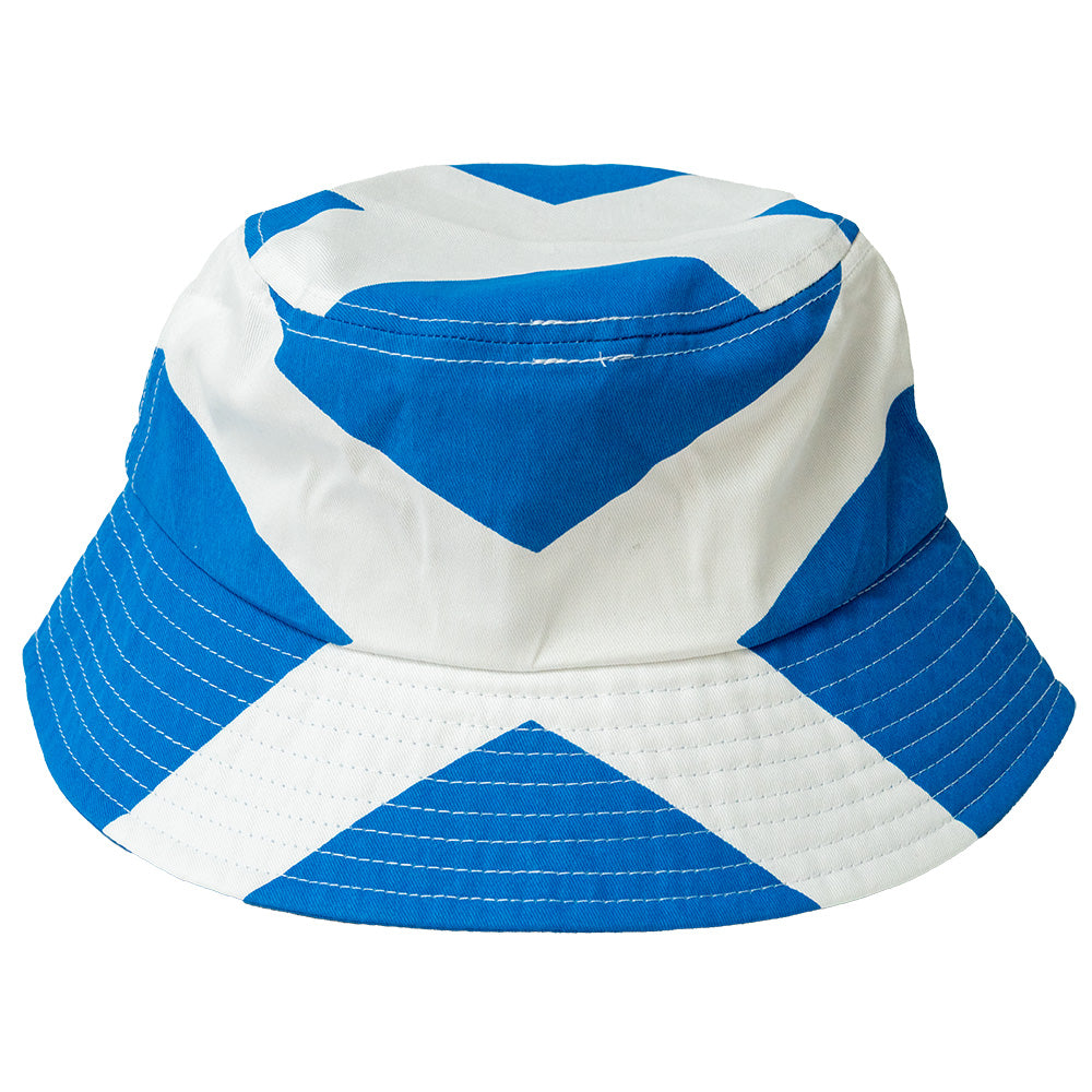 Blue and white bucket hat with a pattern resembling the Scottish flag on a white background.