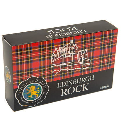 Edinburgh Rock packaging with tartan design and castle illustration