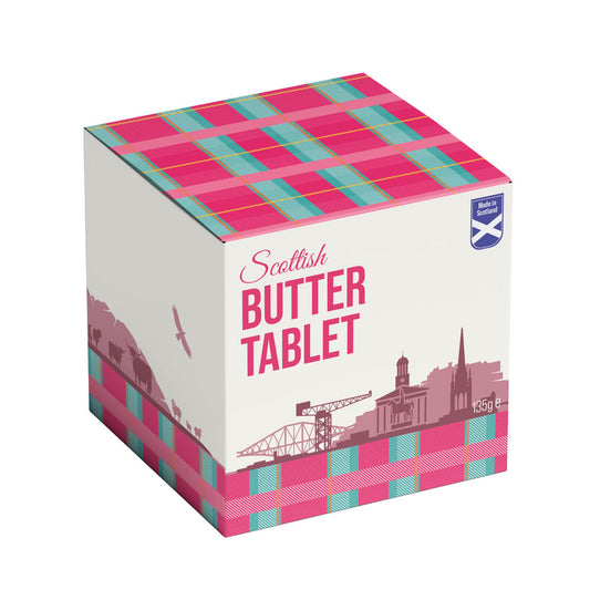 Box of Scottish Butter Tablet with plaid design on a white background