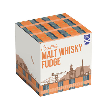 Box of Scottish Malt Whisky Fudge with a checkered design on a white background