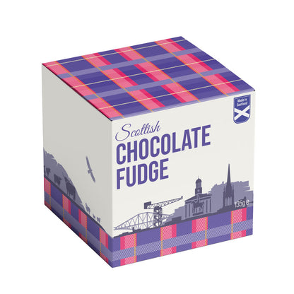 Box of Scottish Chocolate Fudge with plaid design on a white background