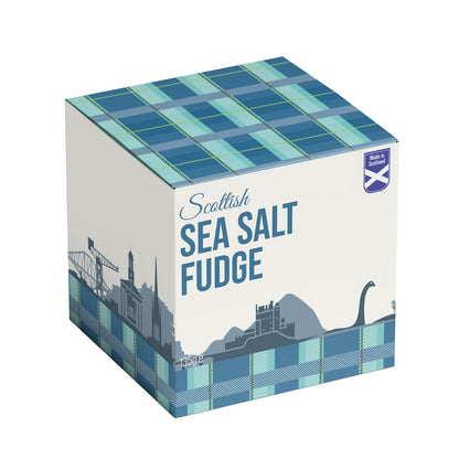Box of Scottish Sea Salt Fudge with plaid design on a white background