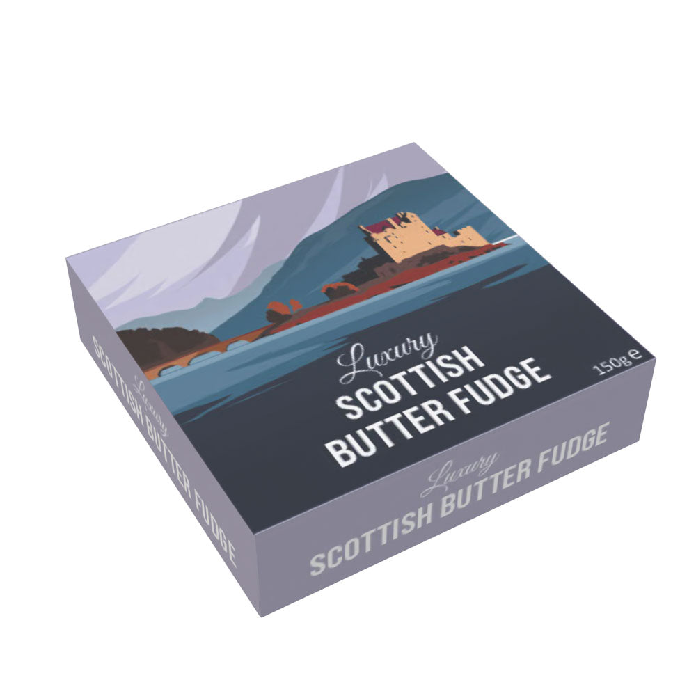 Box of Luxury Scottish Butter Fudge with a castle design on the packaging.