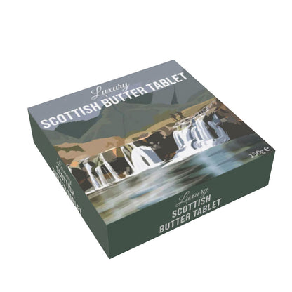 Box of Luxury Scottish Butter Tablet with a scenic design on a white background