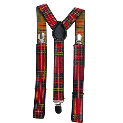 Tartan suspenders with black clips on a white background.
