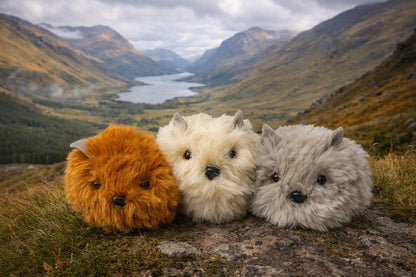 Three Hairy Haggis toy animals on a rock with a scenic mountain landscape in the background