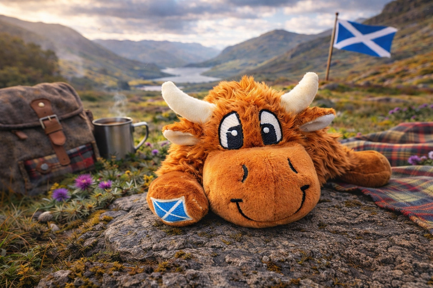 Plush Highland cow soft toy with Scottish flag on its paw on a rocky outcrop with scenic Scottish background.