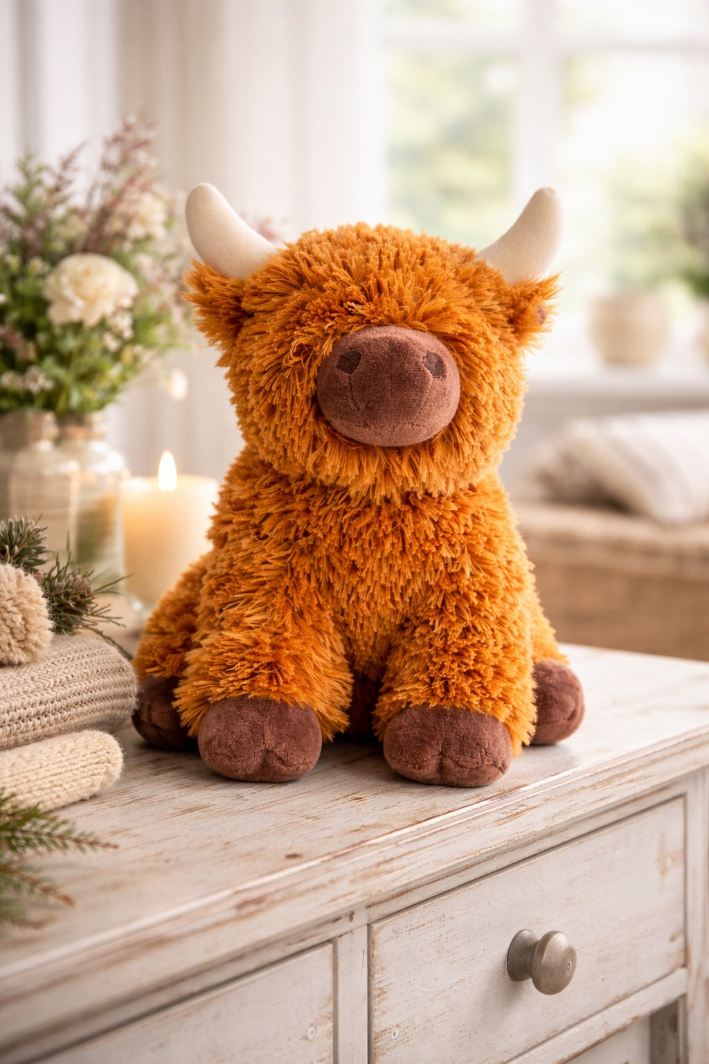 Plush toy Highland cow on a wooden surface with a blurred background