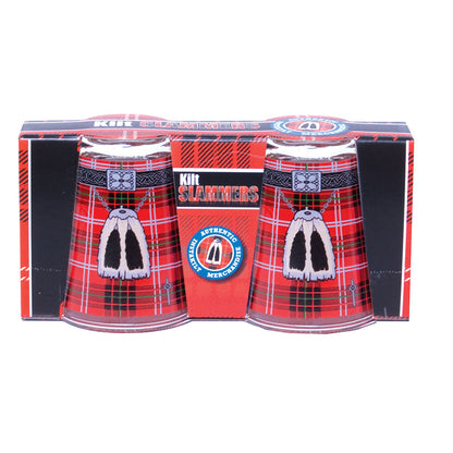 Two tartan design shot glasses in a box with 'Kilt Slammers' branding on a white background.
