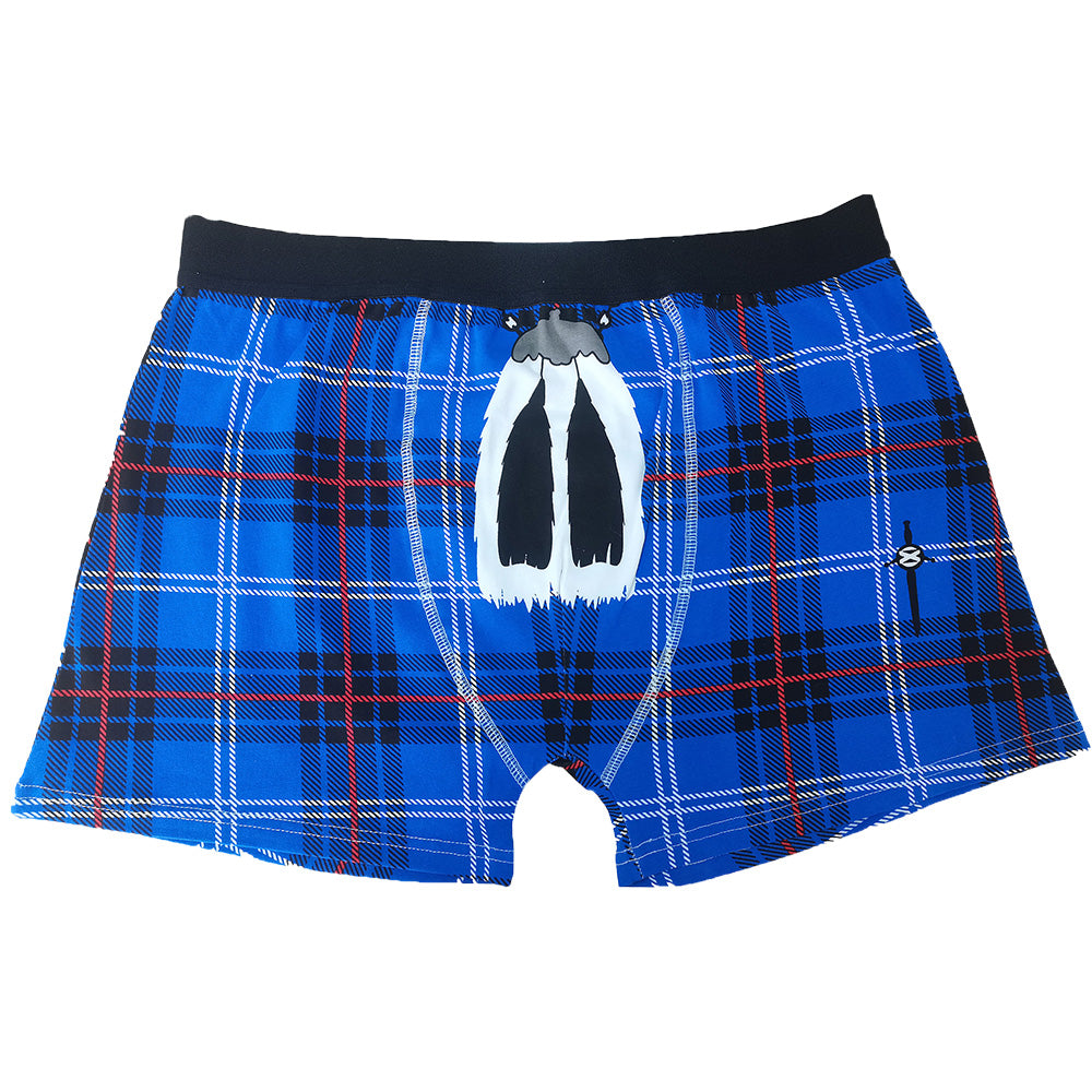 Blue tartan boxer briefs with traditional sporran on a white background.