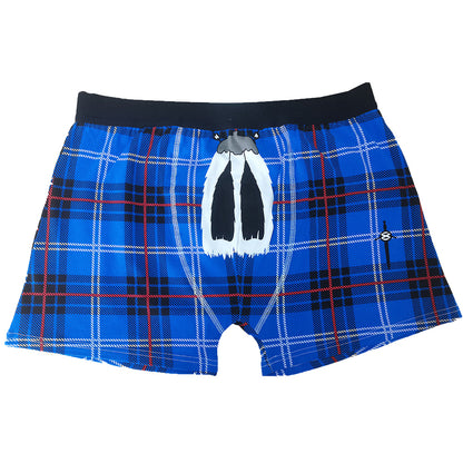 Blue tartan boxer briefs with traditional sporran on a white background.