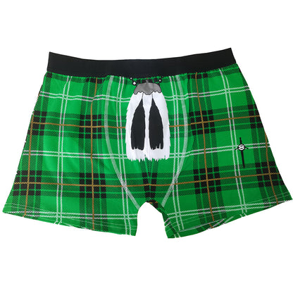 Green tartan boxer briefs with traditional sporran print on a white background.